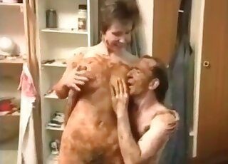 Old man is playing with scat and a teen babe